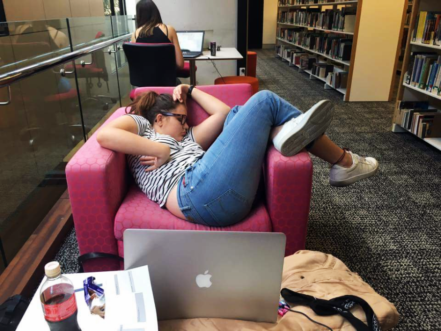 A woman in jeans and a striped shirt naps curled up on a pink armchair in a library, with a laptop open in front of her and papers, headphones, and a drink on the table. Another person works at a desk in the background.