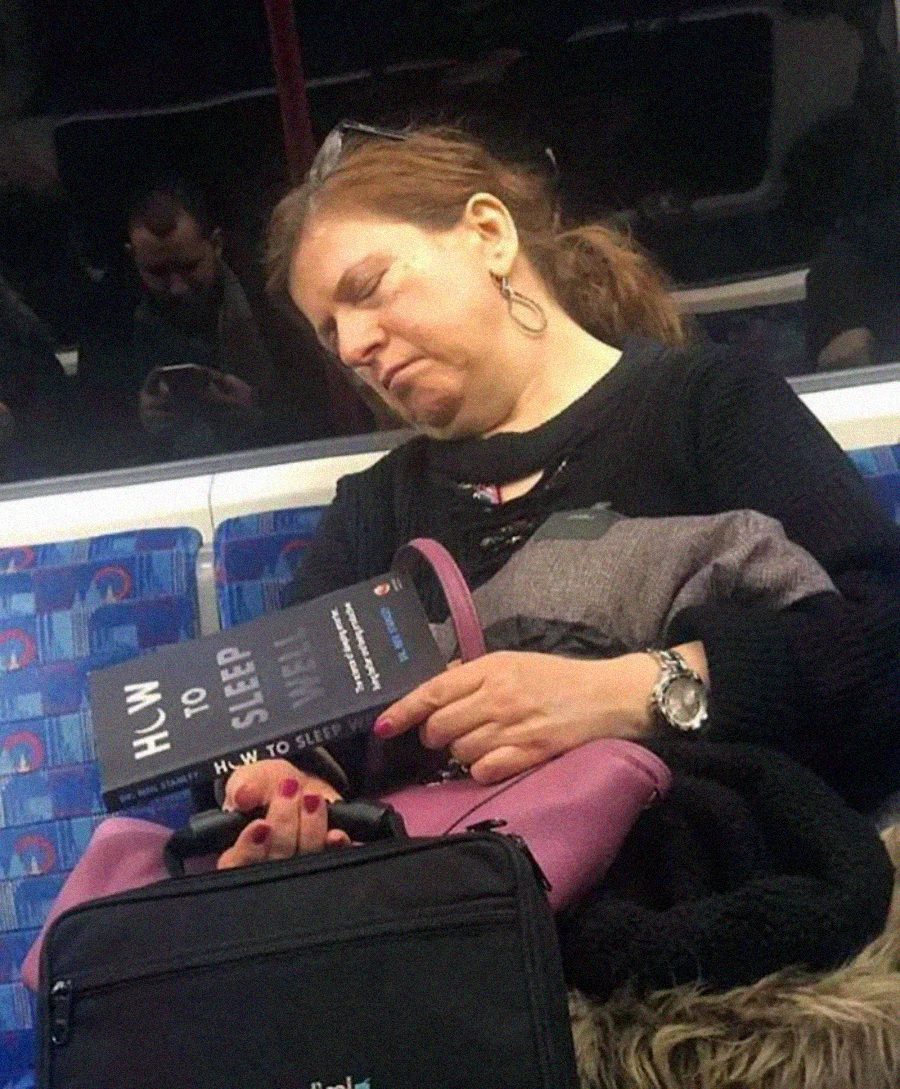 A woman is asleep on public transport, holding a book titled "How to Sleep Well." She is sitting on a patterned seat, with a pink bag and a black coat in her lap.