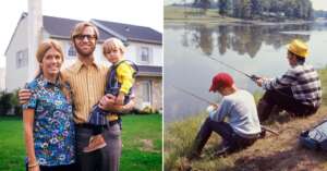 Split image: On the left, a smiling family of three stands in front of a suburban house; on the right, two people fish by a calm lake, one seated, one standing, with trees and water in the background.