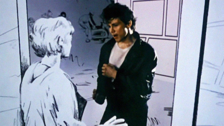 A man in a black jacket stands facing a woman drawn in black-and-white sketch style, blending live action and illustration against a comic book-like background.