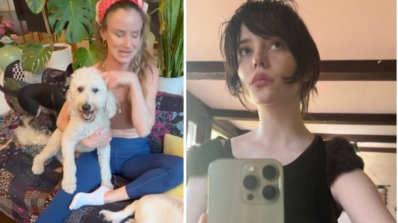 Split image: Left, a woman in athletic wear sits on a couch, smiling and petting a white dog; right, a woman with short dark hair takes a mirror selfie with a phone, looking away from the camera.