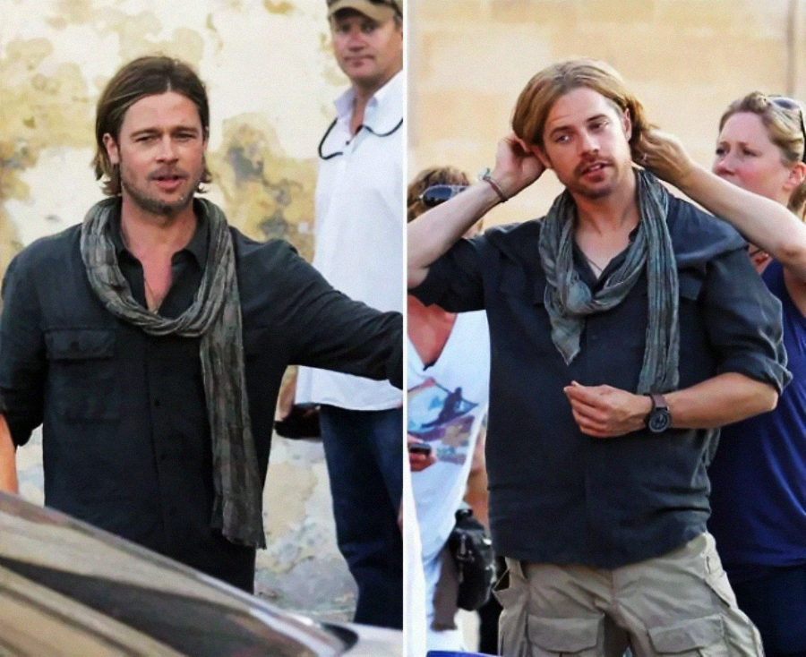 Two side-by-side photos of a man with long hair and a beard wearing a gray scarf and dark shirt. In one photo, crew members adjust his hair, suggesting a film set environment.