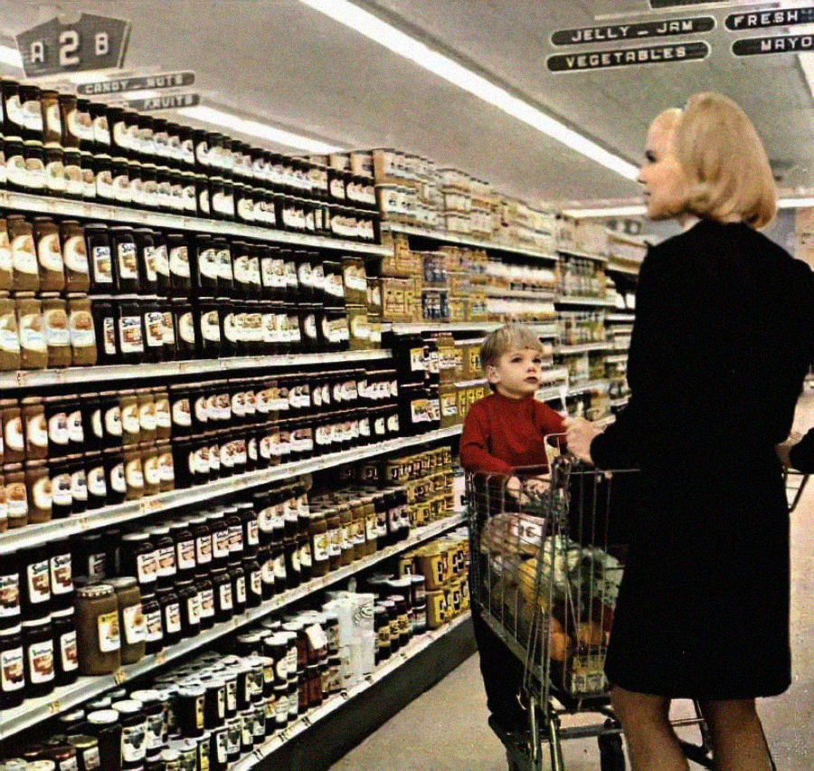 A woman and a young child stand next to a shopping cart in a grocery store aisle lined with jars and cans. Overhead signs indicate sections for jelly, jam, fresh vegetables, and mayo.
