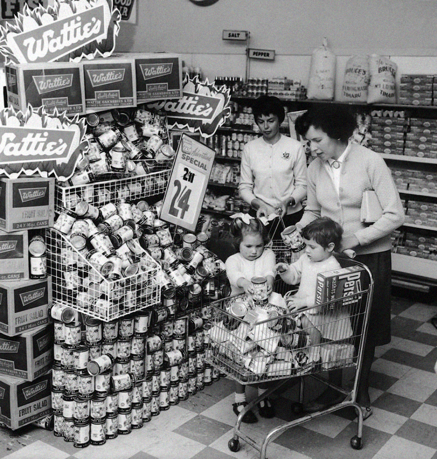 A black-and-white photo of two women and two children grocery shopping. They stand by a display of stacked canned goods, with the adults and children placing cans into a shopping cart. Shelves line the background.