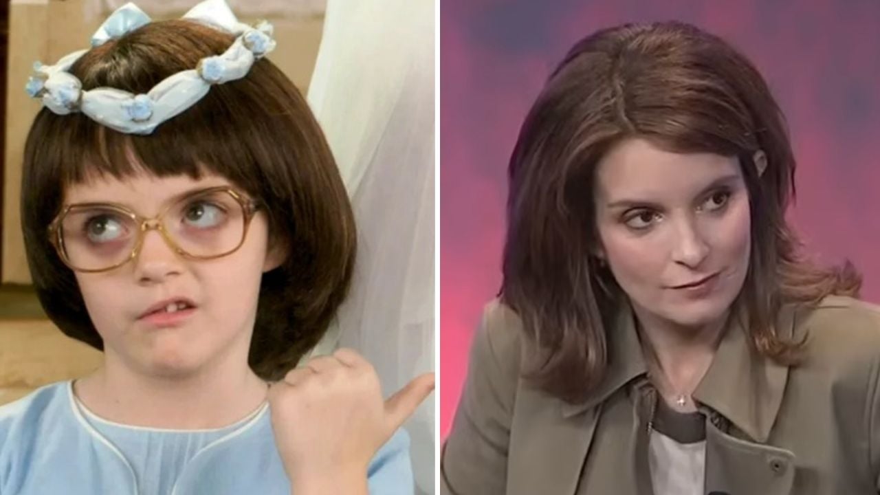Split image: On the left, a young girl with brown hair, glasses, and a blue bow makes a face. On the right, an adult woman with similar hair looks sideways, wearing a beige jacket against a purple background.