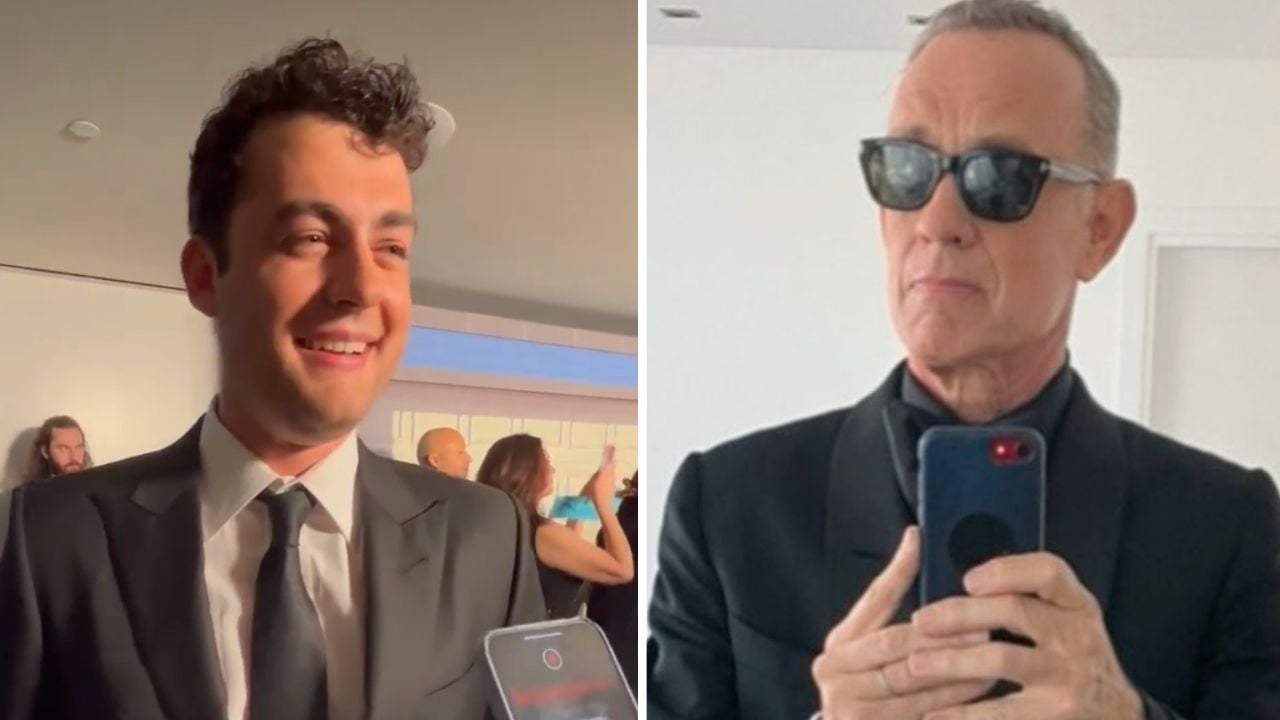 Split-screen image: On the left, a young man in a suit smiles at an event. On the right, an older man in sunglasses and a black suit takes a selfie with his phone in a white room.