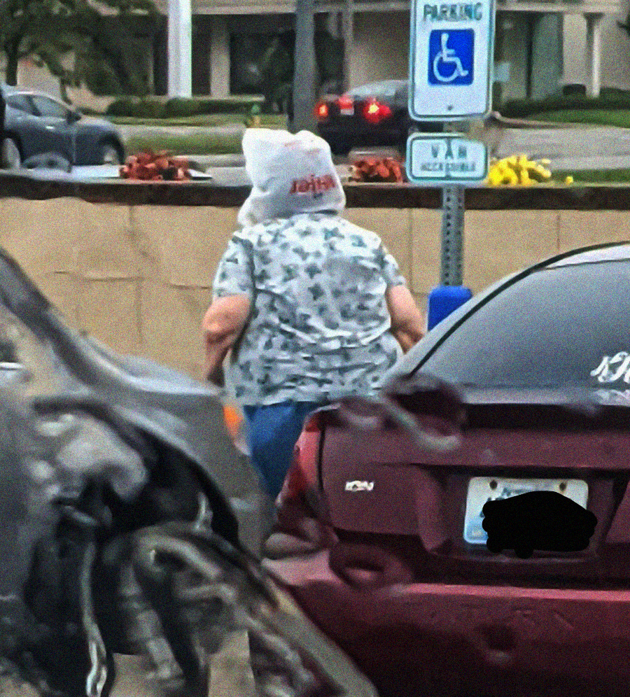 An older adult with a plastic shopping bag over their head walks in a parking lot near a maroon car, close to a handicapped parking sign. The weather appears rainy, as seen on the car windows.