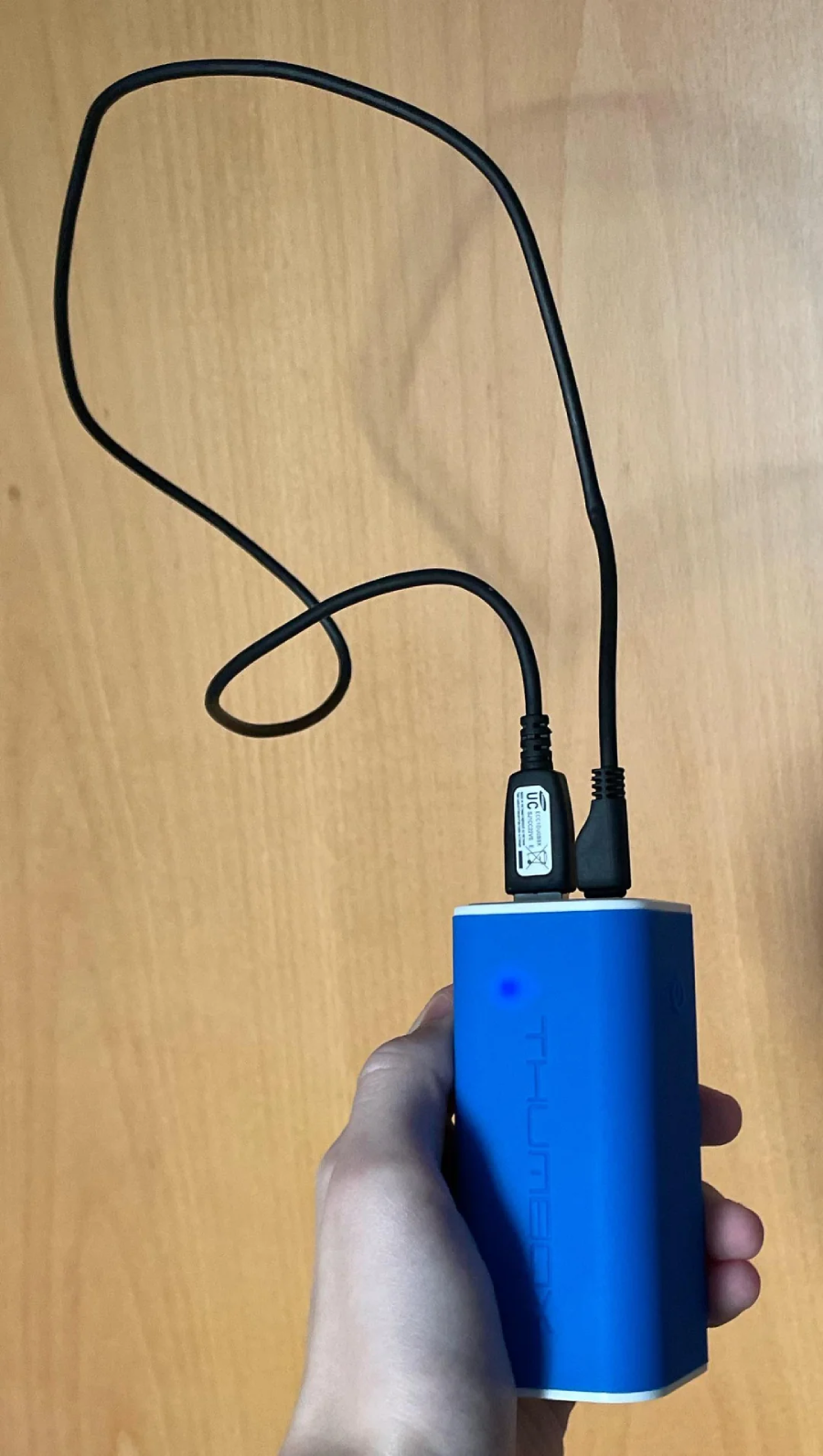 A hand holds a blue portable power bank with two black cables plugged into it, set against a light wooden background.
