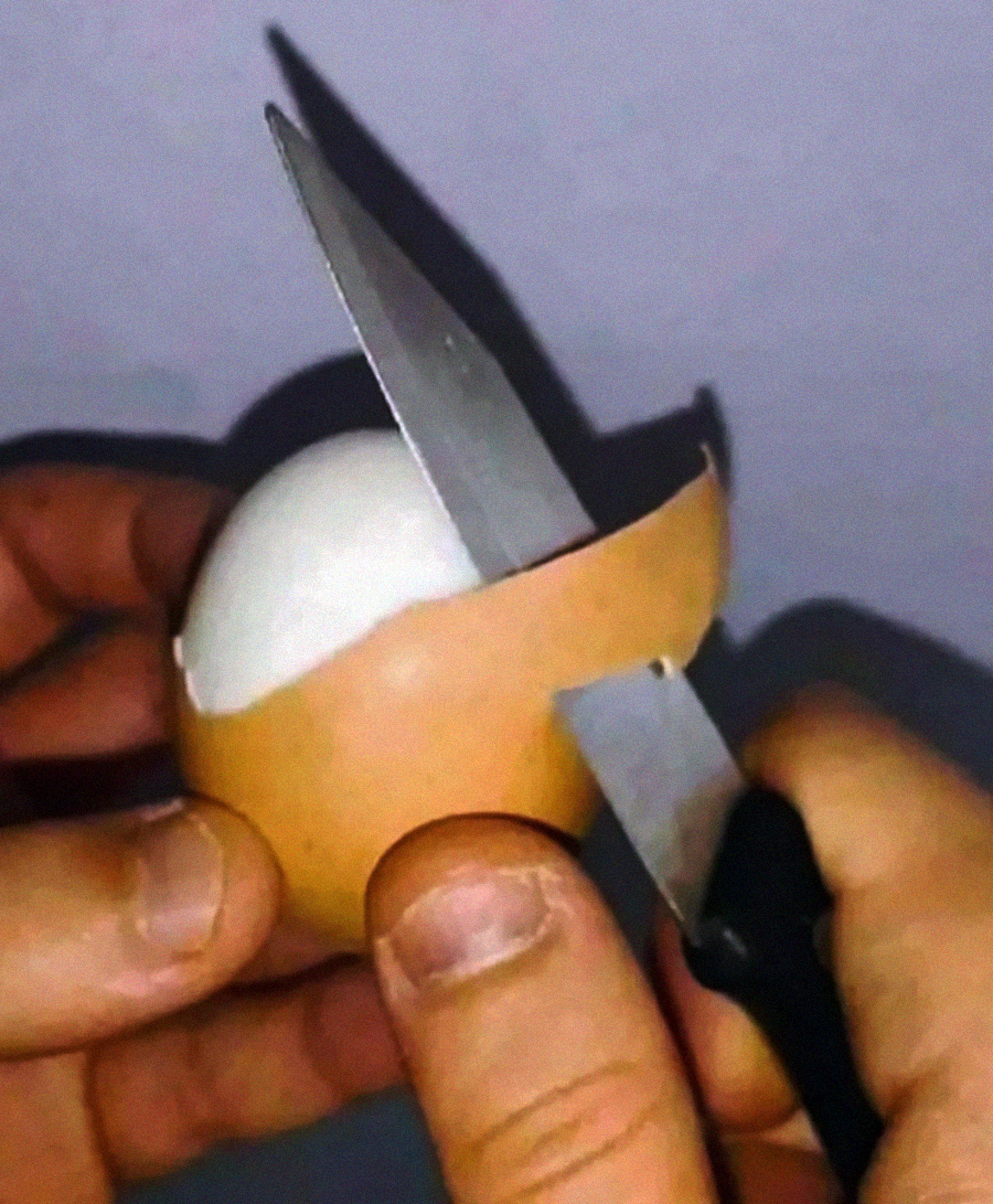 A person uses a knife to carefully cut the brown shell off a hard-boiled egg, revealing the white egg underneath.