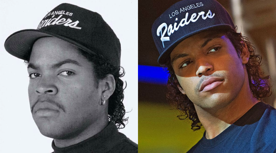 Side-by-side images of two men wearing black Los Angeles Raiders caps, both with similar mustaches and serious expressions, looking slightly to the side. The left image is black and white; the right is in color.