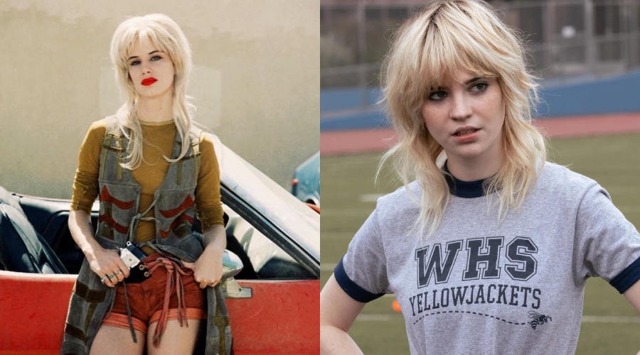 Two women with shaggy blond hair and bangs. On the left, a woman stands by a red car, wearing red shorts and a vest. On the right, a woman wears a gray "WHS Yellowjackets" t-shirt on a sports field.