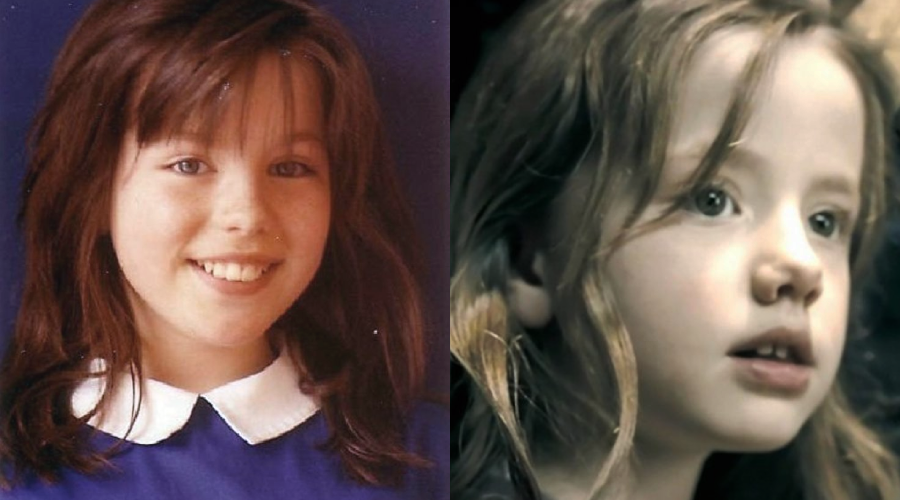 Side-by-side images of two young girls with long brown hair; the girl on the left is smiling and wearing a blue collared shirt, while the girl on the right looks thoughtful and is shown in softer lighting.
