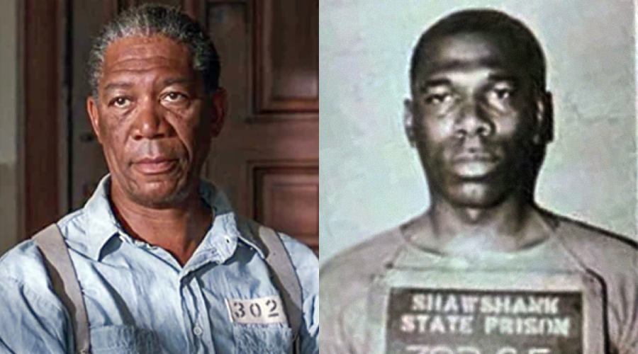 A split image shows a man in a light blue prison shirt with suspenders and an inmate number "302", and a black-and-white photo of another man in a prison uniform holding a "Shawshank State Prison" sign.