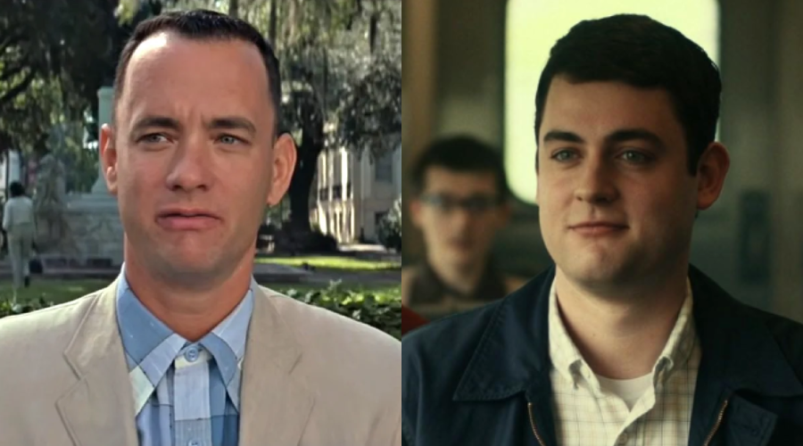 A split image shows two men: on the left, a man with cropped hair wearing a light suit and blue plaid shirt outdoors; on the right, a dark-haired man in a jacket and collared shirt standing indoors.