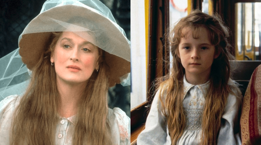 Two images side by side: on the left, a woman in a wide-brimmed hat and veil with long hair and a pale dress; on the right, a young girl with long hair wearing a white dress, sitting indoors.