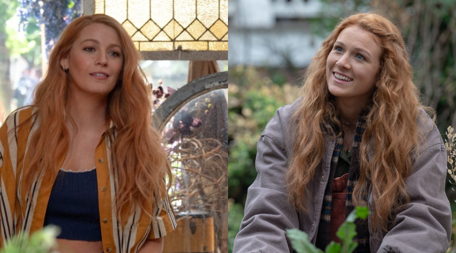 Side-by-side images of two women with long wavy red hair. The woman on the left wears a striped shirt and crop top indoors, while the woman on the right, outdoors, wears a jacket and plaid shirt, surrounded by greenery.
