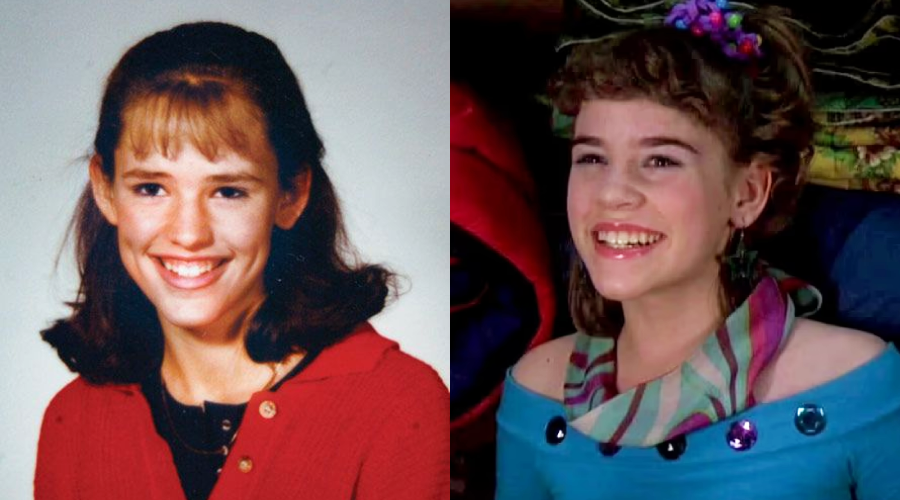 Side-by-side photo: on the left, a young girl with brown hair in a red sweater smiling in a school portrait; on the right, a girl with curly hair, a blue top, and colorful accessories smiling brightly.