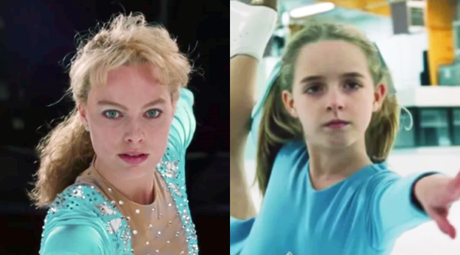 Two female figure skaters, each wearing a light blue costume, are shown in a split image. Both are striking strong poses on the ice, focused and looking forward in a skating rink.