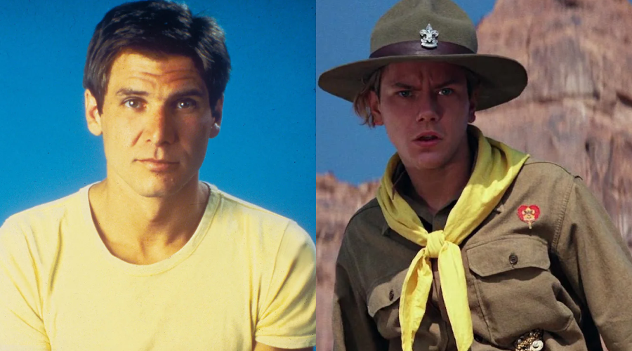 Split image: On the left, a man with dark hair in a yellow t-shirt against a blue background. On the right, a young man in a scout uniform with a khaki hat and yellow neckerchief, outdoors with rocks in the background.