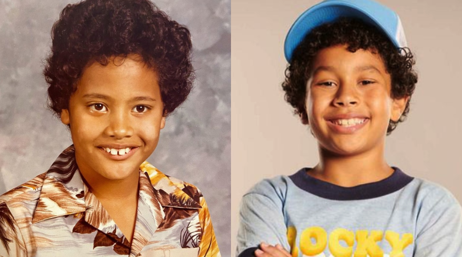 Side-by-side image: on the left, a smiling boy with curly hair in a patterned shirt; on the right, a smiling boy with curly hair wearing a blue cap and a "Rocky" shirt, arms crossed.