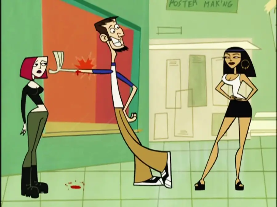 A cartoon man high-fives a woman in the face, causing a red mark on her cheek. Another woman stands nearby, smiling with her hands on her hips. They are outside a building with a "Poster Making" sign.