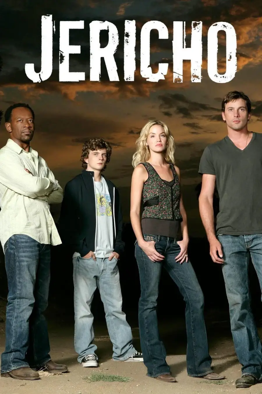 Four people stand side by side outdoors under a dramatic, cloudy sky with the word "Jericho" above them in large white letters.