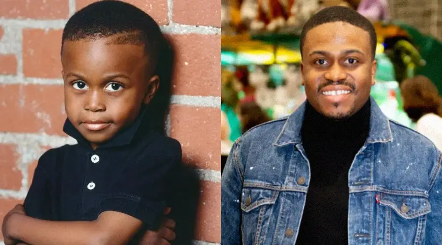 Side-by-side photos show a young boy with short hair and a black shirt standing by a brick wall, and an adult man with short hair and a beard smiling and wearing a denim jacket over a black turtleneck.