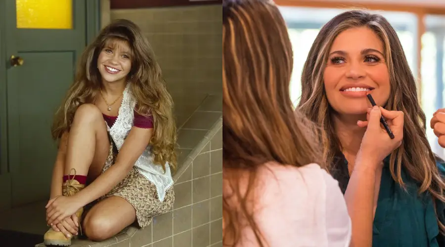 A side-by-side image: on the left, a young girl with long brown hair sits on a tiled step, smiling; on the right, the same woman as an adult gets her makeup done, smiling at a makeup artist.