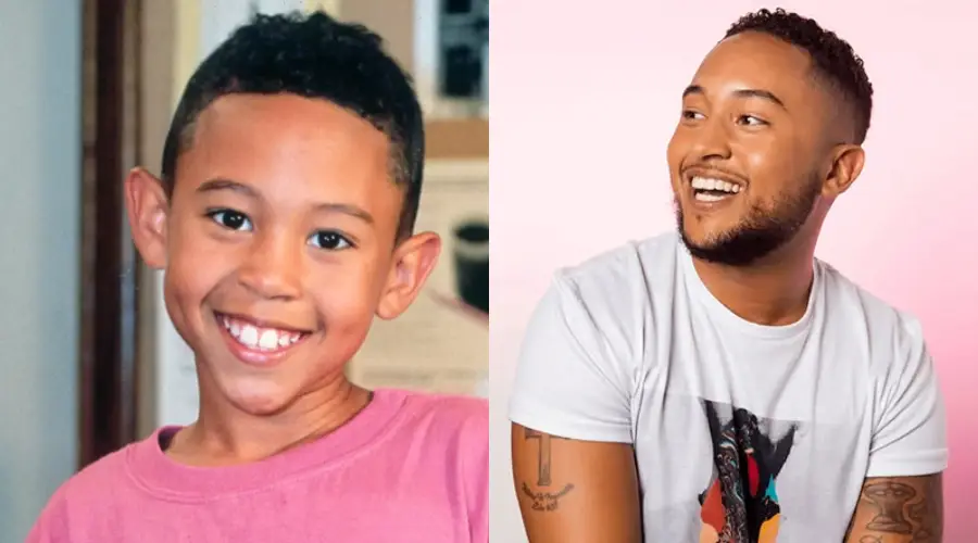 A side-by-side comparison shows a young boy smiling in a pink shirt on the left and an adult man with short hair and a beard, smiling and wearing a graphic t-shirt, on the right.