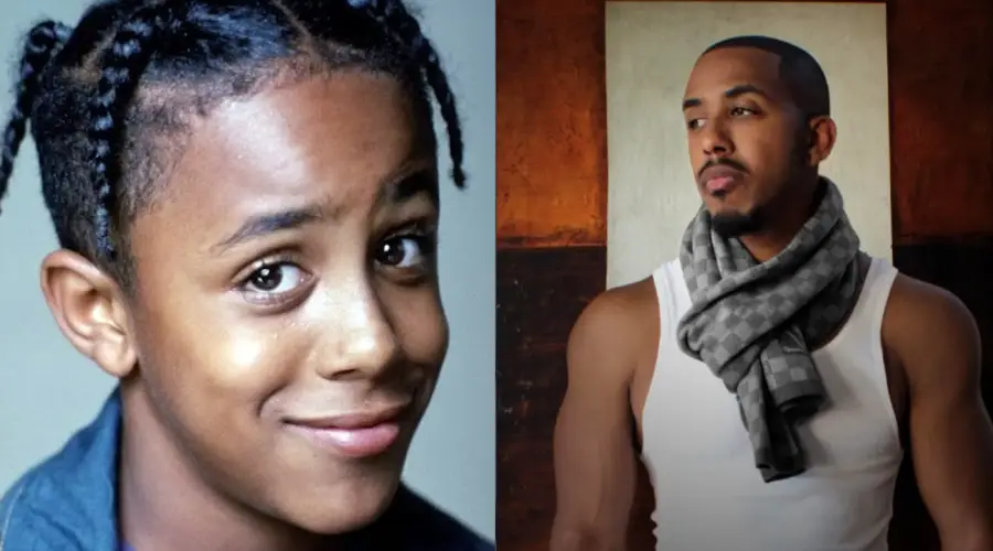 Split image: On the left, a young boy with short braids and a playful smile. On the right, an adult man with short hair, a trimmed beard, wearing a sleeveless shirt and scarf, looking to the side.