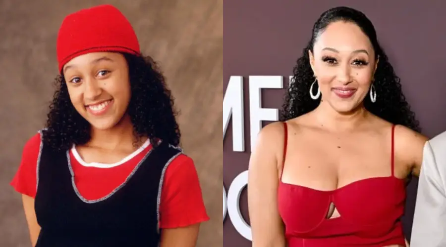 Side-by-side images of a woman: on the left as a smiling teen in a red hat and shirt, on the right as an adult wearing a red dress, hoop earrings, and styled hair at a formal event.