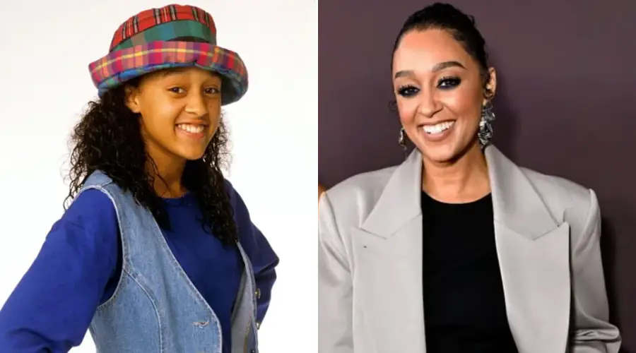 Side-by-side images of a woman: on the left, she wears a colorful plaid hat, blue top, and denim vest; on the right, she has styled hair, earrings, and a beige blazer, smiling against a dark background.