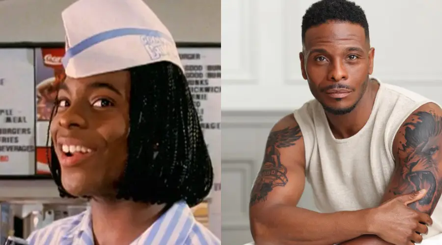 A split image showing the same person: on the left, wearing a striped fast-food uniform and hat, smiling, with shoulder-length hair; on the right, dressed casually in a sleeveless shirt, showing tattoos, with a serious expression.