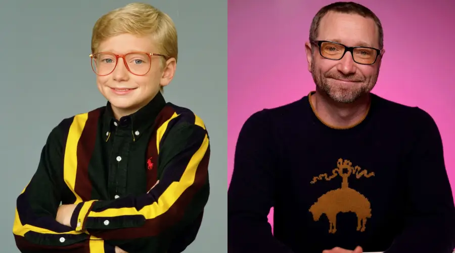 Side-by-side images: On the left, a young boy with blond hair, glasses, and a striped shirt smiles confidently. On the right, an adult man with glasses, short hair, a beard, and a dark sweater smiles in front of a pink background.