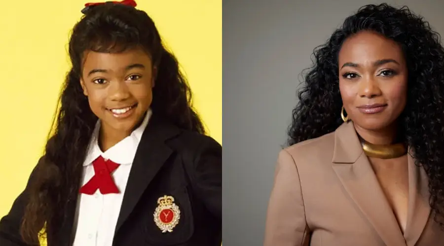 A split image shows a young girl in a school uniform with long hair and a red bow on the left, and an adult woman with curly hair wearing a tan blazer on the right.