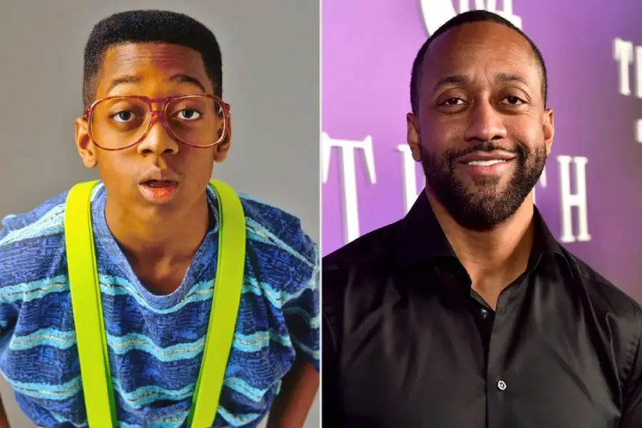 A split image shows a young man with large glasses and suspenders on the left, and an adult man with a beard, smiling in a black shirt, standing in front of a purple background on the right.