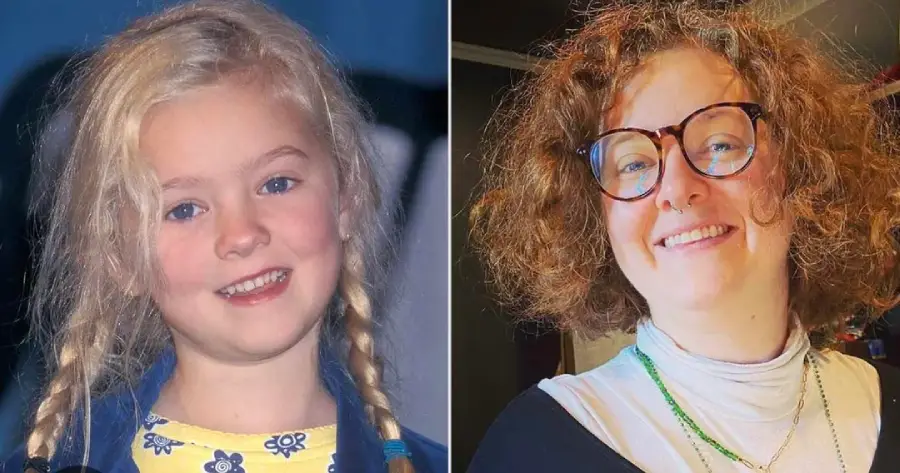 Split image: On the left, a young girl with long blonde hair in braids, smiling. On the right, an adult with curly hair, glasses, and a smile, wearing layered clothes and a necklace.