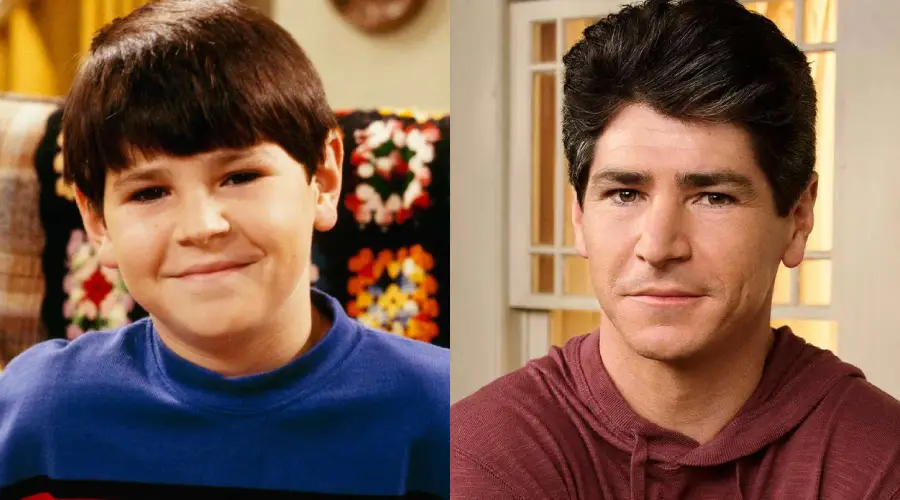 A split image shows a young boy with dark hair and a blue striped sweater on the left, and an adult man with similar features and dark hair wearing a maroon shirt on the right.