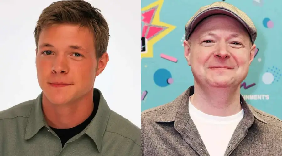 Side-by-side photos of the same man: on the left, he is younger with short hair and a gray shirt; on the right, he is older, smiling, wearing a cap and a casual jacket, standing against a colorful background.