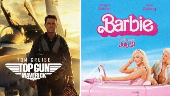 Barbie and Top Gun Maverick movie posters featuring Margot Robbie and Tom Cruise