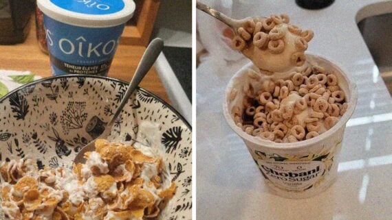 Bowls of sugary breakfast cereal beside fruit yogurt cups on a kitchen table