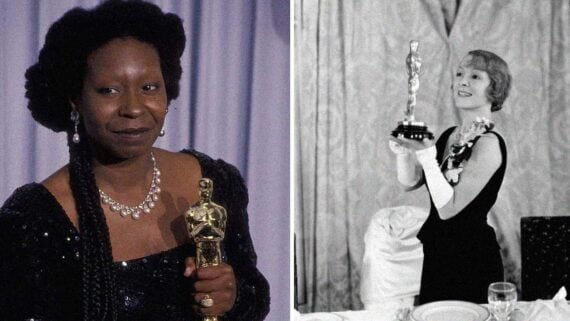 Whoopi Goldberg and Helen Hayes posing with major entertainment awards during an awards event.