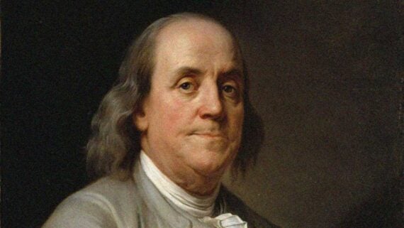 Portrait of Benjamin Franklin wearing 18th-century colonial clothing