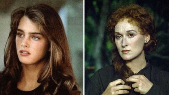 Split image: On the left, a young woman with long brown hair and blue eyes looks to the side. On the right, a woman with curly reddish hair gazes forward, holding her hair, with a serious expression.