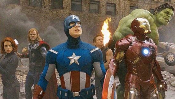 Marvel superheroes assembled together in an epic cinematic scene