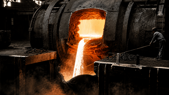 Molten metal pours from a large industrial furnace into a mold as a worker in protective gear monitors the process inside a factory.