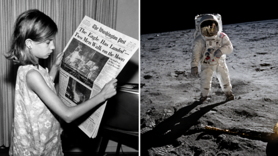 A girl reads a newspaper with the headline “The Eagle Has Landed”; beside her is a photo of an astronaut standing on the moon’s surface.