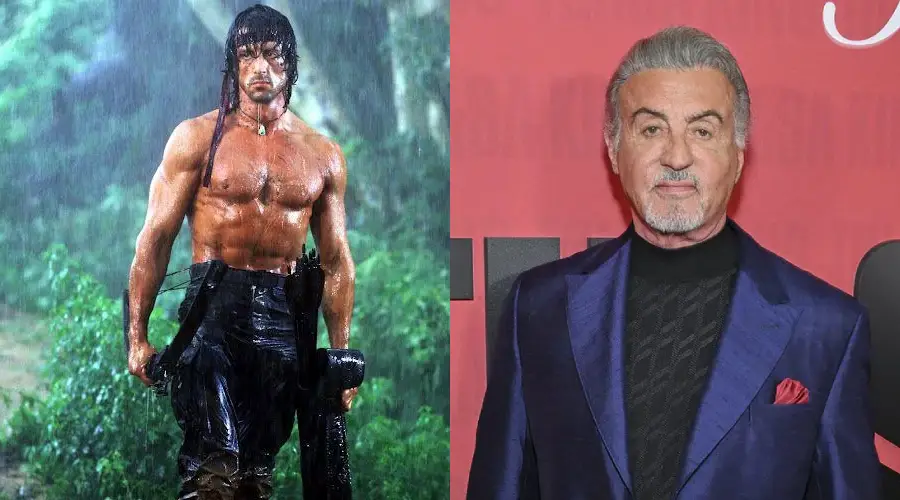 A split image showing a muscular man with long hair standing shirtless in the rain on the left, and a gray-haired man in a blue suit posing on a red carpet on the right.