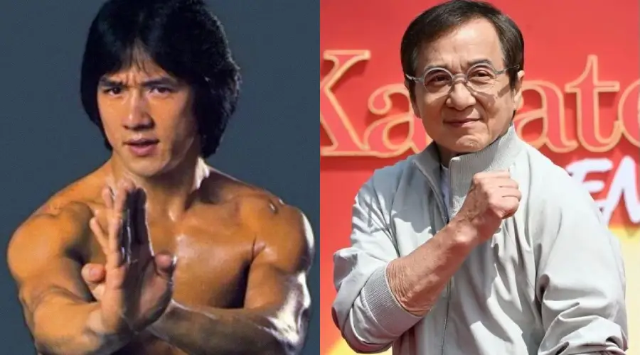 Side-by-side photos of a man: on the left, he is young, shirtless, and in a martial arts pose; on the right, he is older, wearing glasses and a light jacket, with a fist raised, smiling.