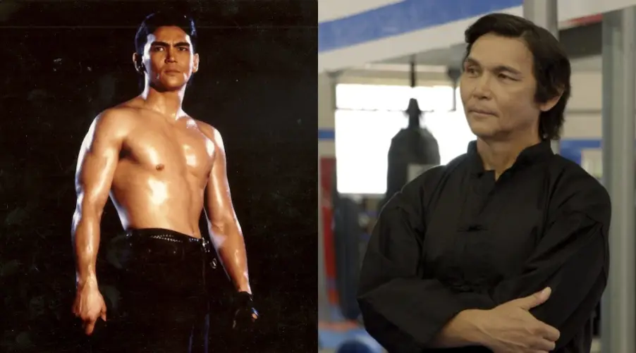 Two photos side by side: on the left, a young man with short dark hair poses shirtless against a dark background; on the right, the same man older, wearing a black martial arts uniform with folded arms in a gym setting.
